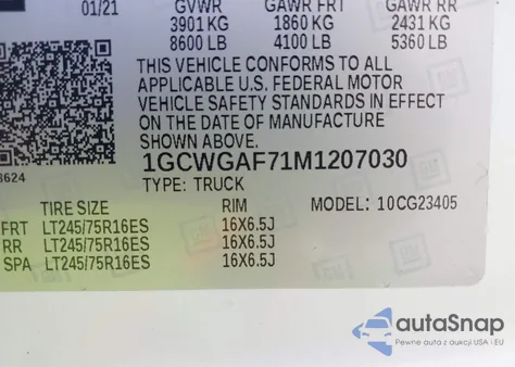 2021 Chevrolet Express Cargo Rwd 2500 Regular Wheelbase Wt из США, поврежденный, VIN 1GCWGAF71M1207030